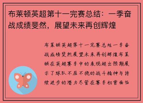 布莱顿英超第十一完赛总结:一季奋战成绩斐然,展望未来再创辉煌 布莱顿英超第十一完赛总结:一季奋战成绩斐然,展望未来再创辉煌