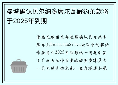 曼城确认贝尔纳多席尔瓦解约条款将于2025年到期 曼城确认贝尔纳多席尔瓦解约条款将于2025年到期